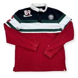 Hudson Bay Shirt Men's M Red White‎ Black Crest Striped Rugby Polo